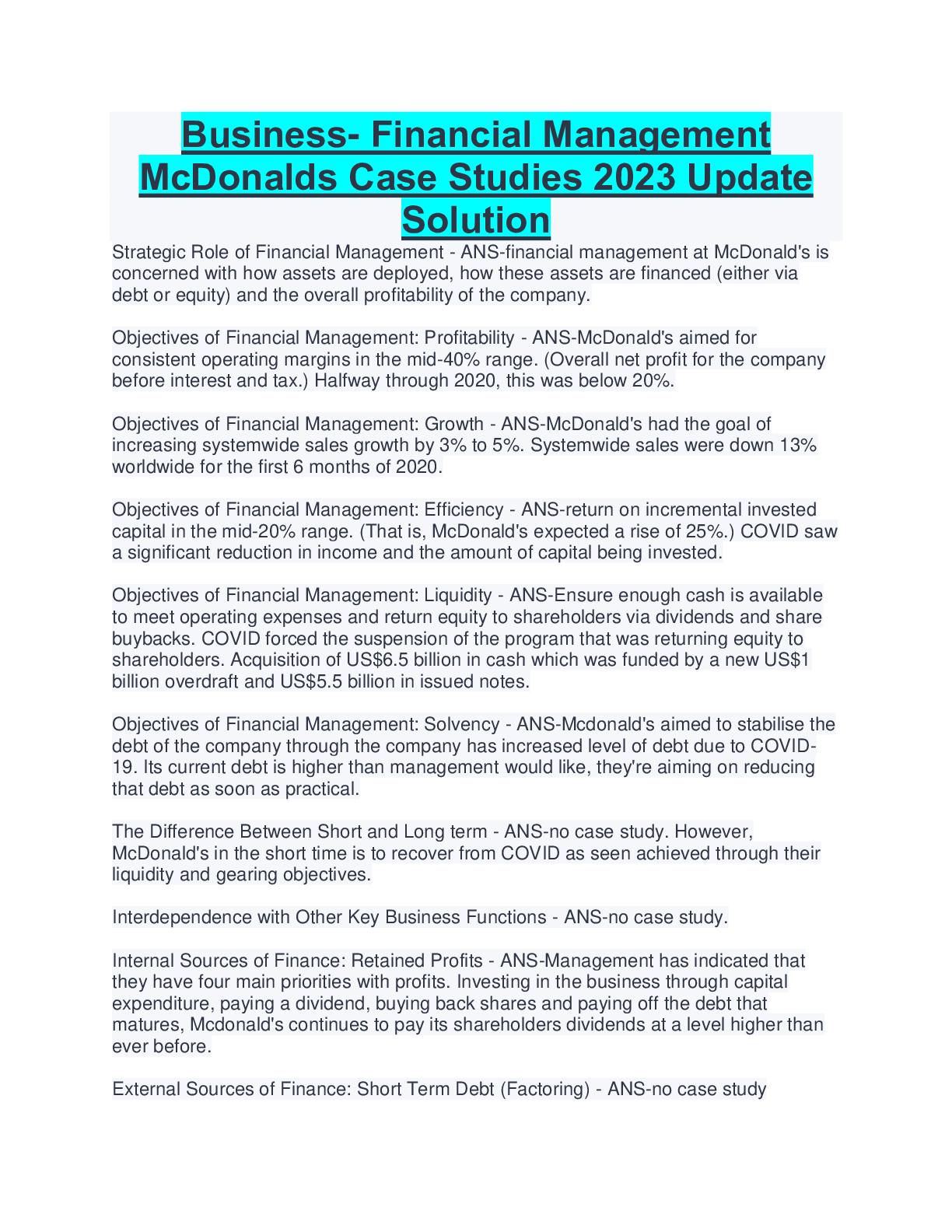 Preview image for Business- Financial Management  McDonalds Case Studies 2023 Update  Solution